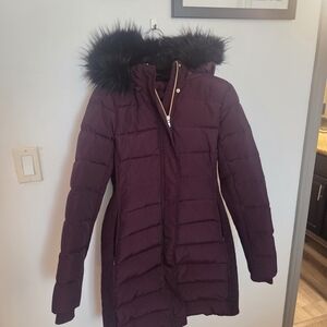 Express Dark Purple Puffer Jacket with Faux Fur Hood